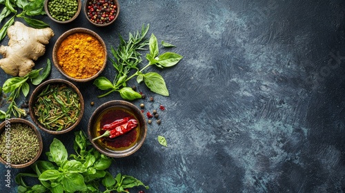 Obraz na płótnie Top view of herbal ingredients with chili and fresh greens on blue slate w salonie
