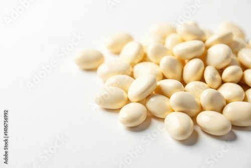 Scattered white beans on pristine white background, minimal, cooking, dried beans