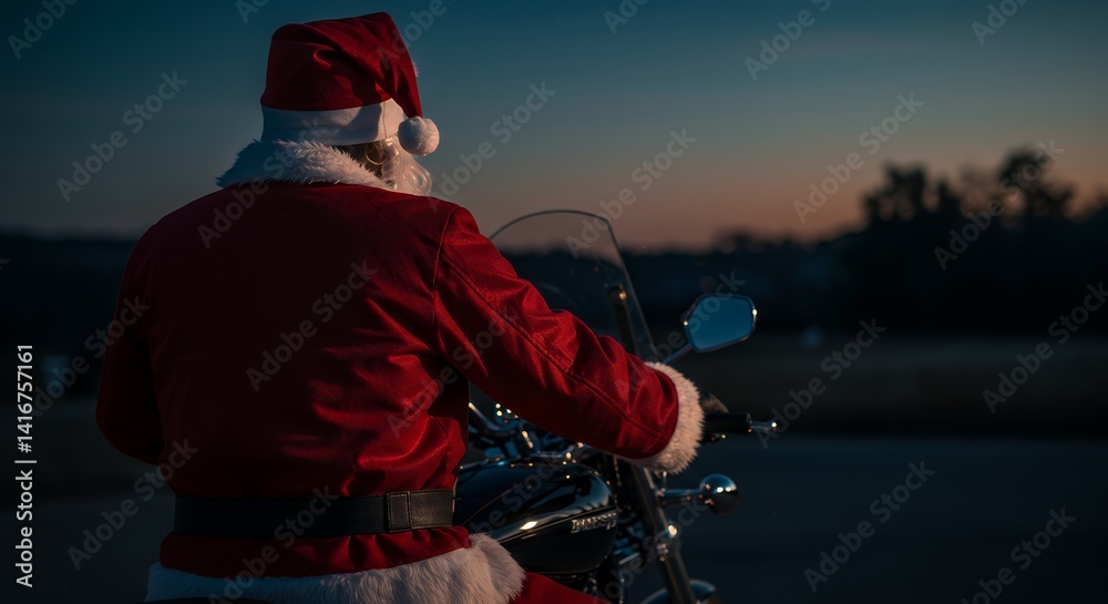Fototapeta premium Santa Claus Riding Motorcycle at Dusk