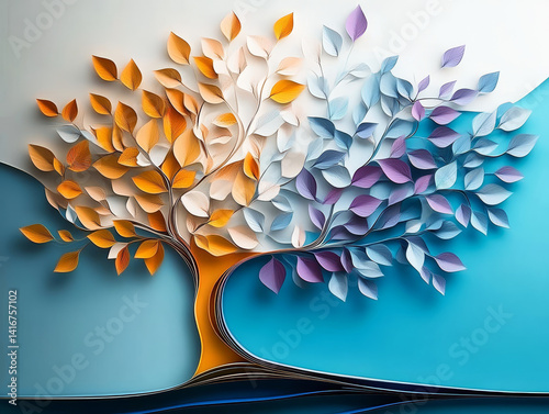 A vibrant and artistic paper tree stands, showcasing a captivating blend of colors. A whimsical illustration symbolizes growth and change, representing the natural world through an innovative lens.