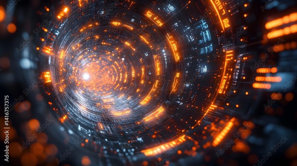 A futuristic tunnel of glowing orange and blue circuitry. A futuristic tunnel of glowing orange and blue circuitry.