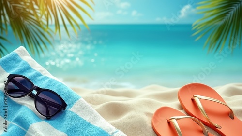 Holiday concept with beachwear and palm fronds on sand and water