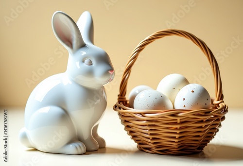 Obraz na płótnie Easter Charm: White Ceramic Rabbit Figurine with BrownWoven Eggs Basket. A ceramic rabbit figurine next to a basket of eggs. w salonie