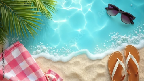 Relaxing beach top view with accessories and gentle waves