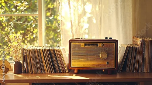 Sunlit windowsill with vintage radio and vinyl records