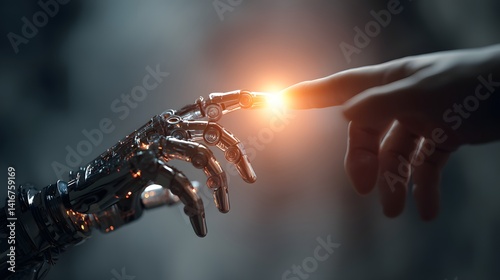 Human and Robotic Hands Touching with Glowing Light – Symbol of Artificial Intelligence Collaboration and Unity