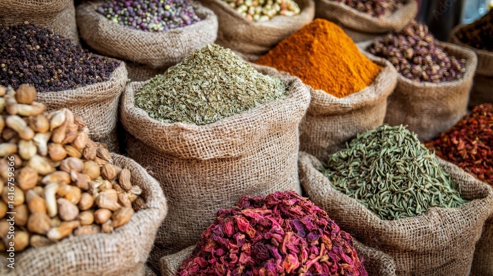 Bags of colorful dried herbs and spices in a market