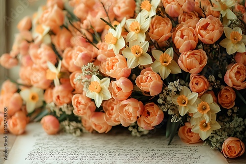Peachy bouquet of tulips and daffodils on aged paper.