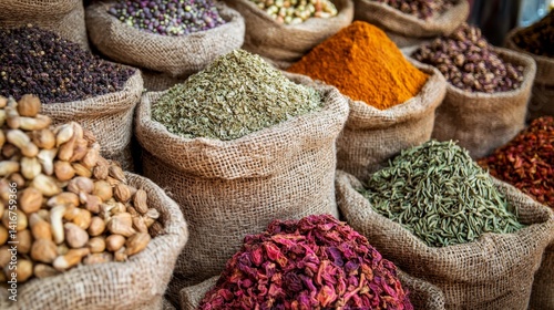 Bags of colorful dried herbs and spices in a market