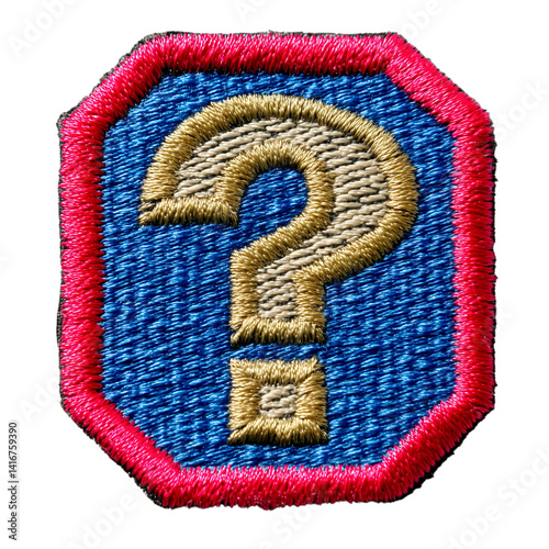 Top front view of embroidered patch symbol ? isolated on the White background.
