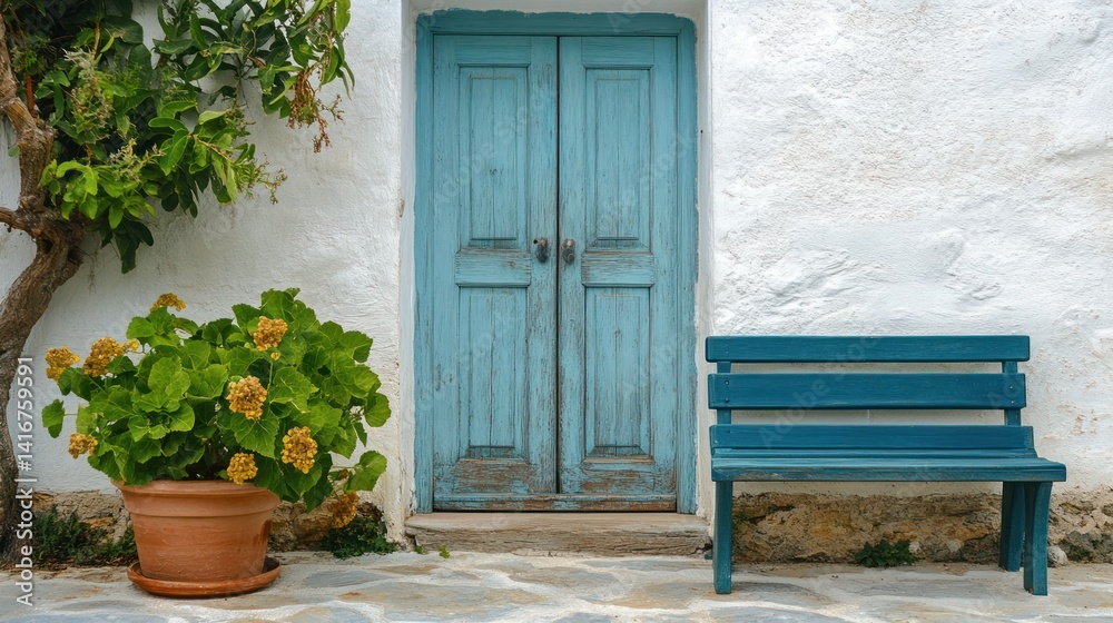 Light-blue door and bench on a whitewashed exterior. Light-blue door and bench on a whitewashed exterior.