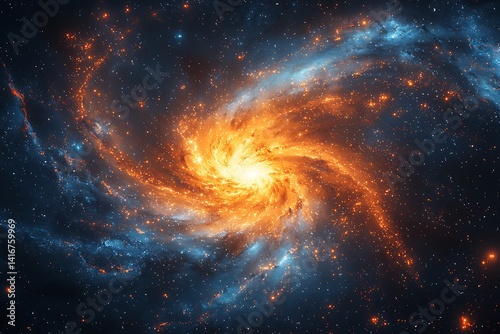 A vibrant spiral galaxy ablaze with fiery orange and icy blue hues.
