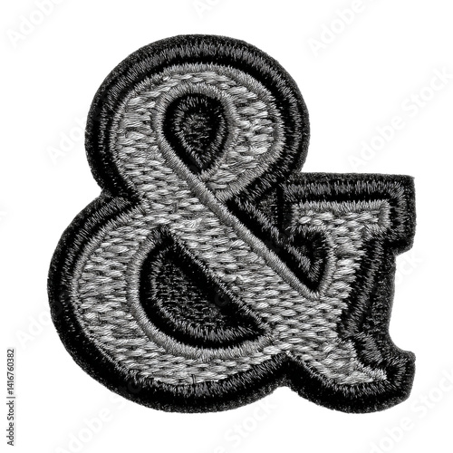 Top front view of embroidered patch symbol & in black isolated on the White background.