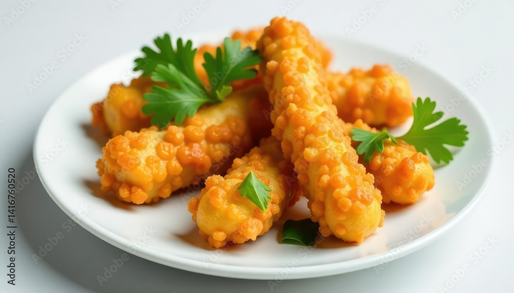 Assortment of tempura vegetables on white plate, studio, fresh Assortment of tempura vegetables on white plate, studio, fresh