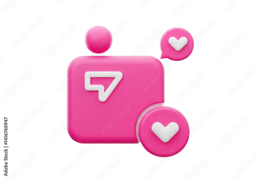 Pink follower icon 3d render with hearts isolated on white background Pink follower icon 3d render with hearts isolated on white background