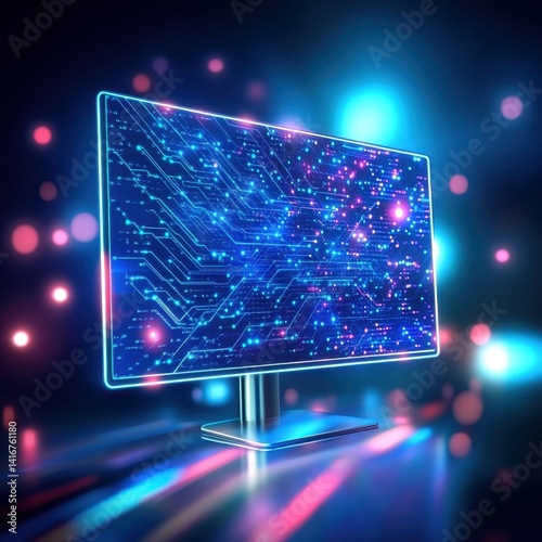 Illuminated computer monitor displays a complex network of glowing circuits and data streams against a dark, bokeh-filled background, symbolizing technology.