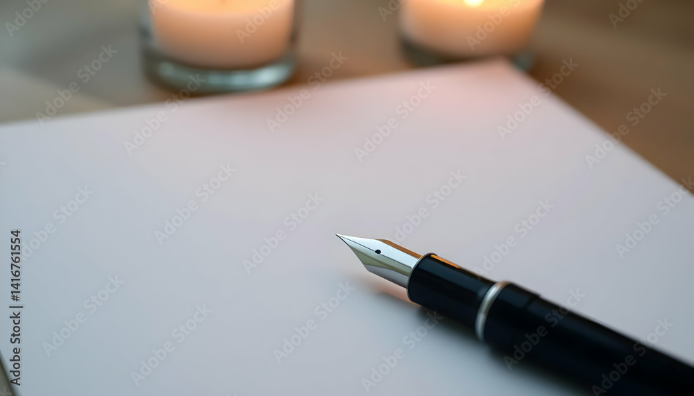 Elegant Fountain Pen and Blank Paper Surrounded by Soft Candlelight Elegant Fountain Pen and Blank Paper Surrounded by Soft Candlelight
