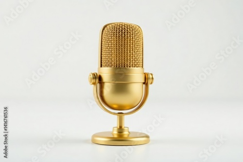 Close-up shot of a single gold microphone isolated on white , gold, recording studio