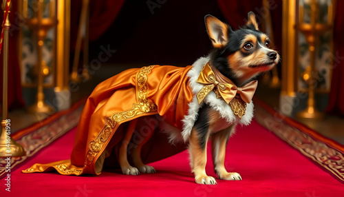 Fancy Dog in Regal Costume on Red Carpet Surrounded by Luxury