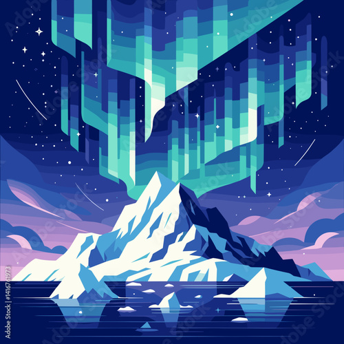 Vector composition depicting the northern lights over Antarctica, iceberg shapes, minimalistic color palette of blue and purple shades, clean modern look
