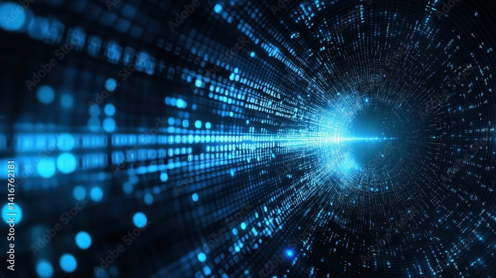 Obraz premium A mesmerizing tunnel of illuminated blue data points converge into a bright light, representing high speed connectivity and futuristic technology concept.