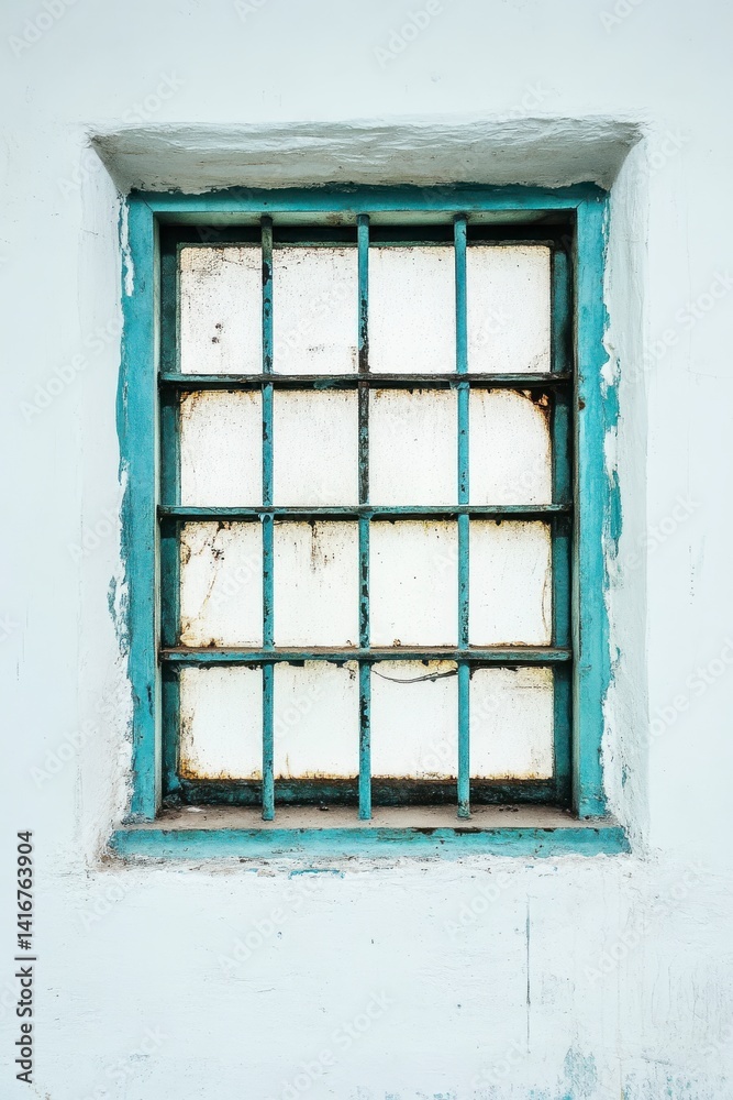 Obraz premium Weathered Teal Window with Rusty Bars on White Wall
