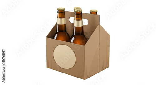 Isolated Four Pack of Brown Beer Bottles in Cardboard Carrier