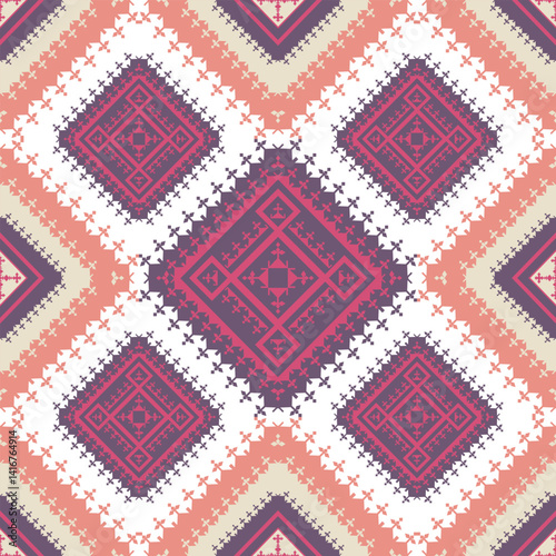 Vibrant Diamond Cross-Stitch Pattern: Intricate Geometric Textile Design for Craft Projects