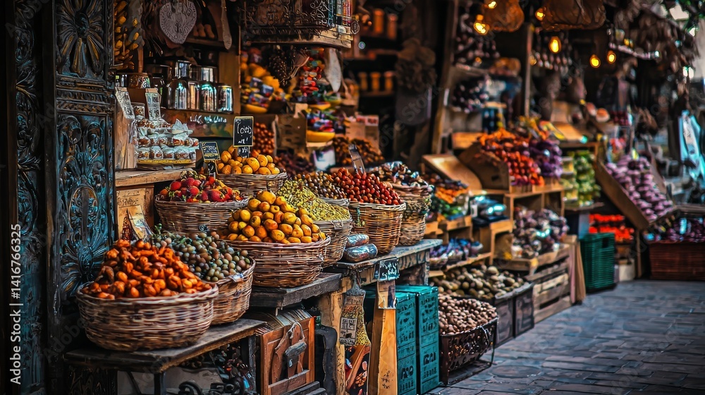 Fototapeta premium Traditional fruit and spice market with colorful baskets