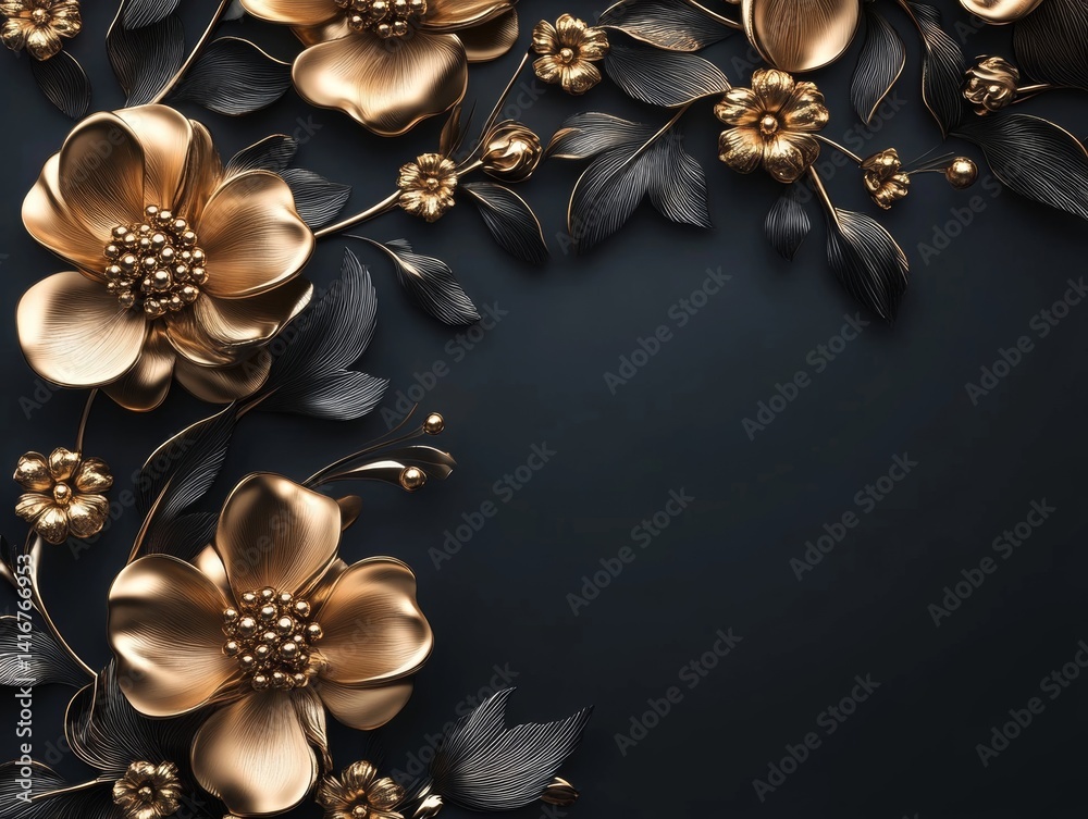Naklejka premium Elegant gold flowers and leaves creating a stunning visual impact against a dark backdrop, a timeless symbol of luxury and beauty.