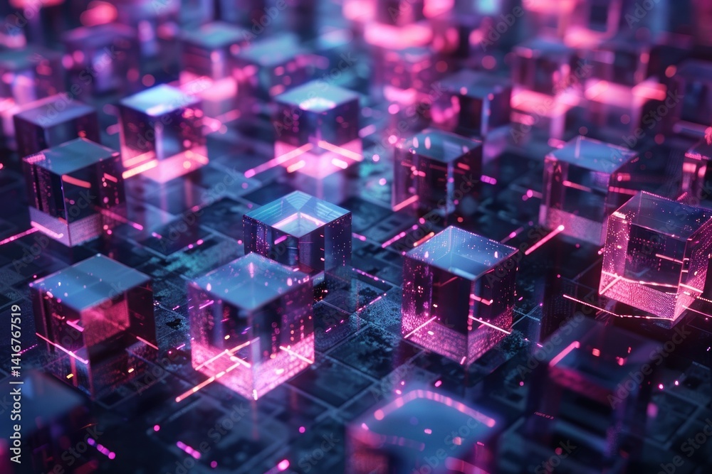 Abstract digital network with glowing data cubes. Futuristic technology concept Abstract digital network with glowing data cubes. Futuristic technology concept