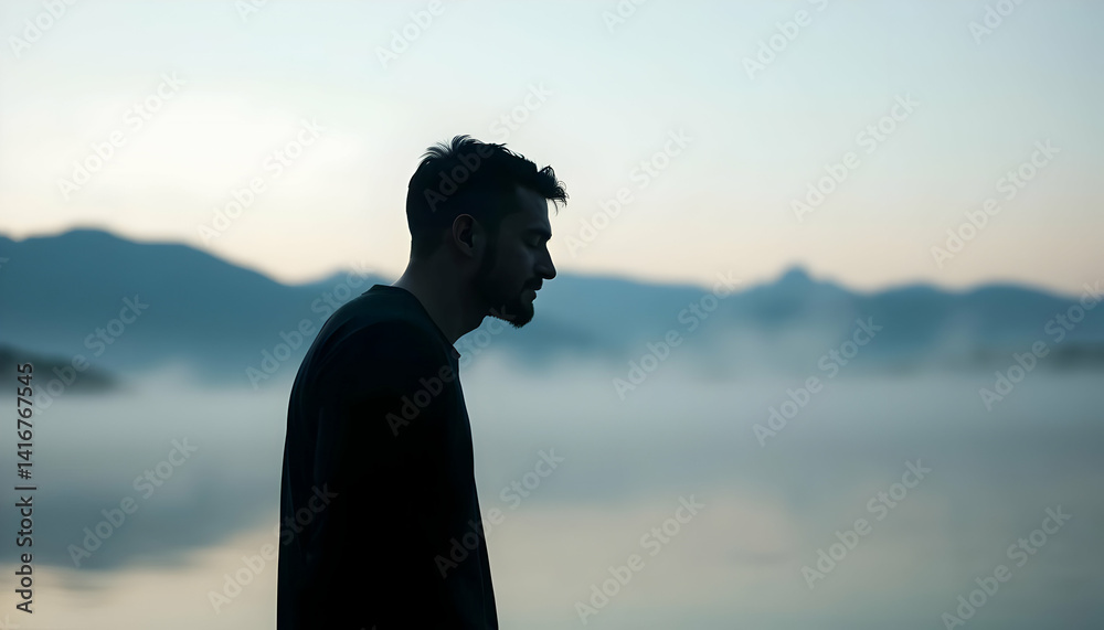 Fototapeta premium Contemplative Man Silhouette Against Misty Lake at Dawn