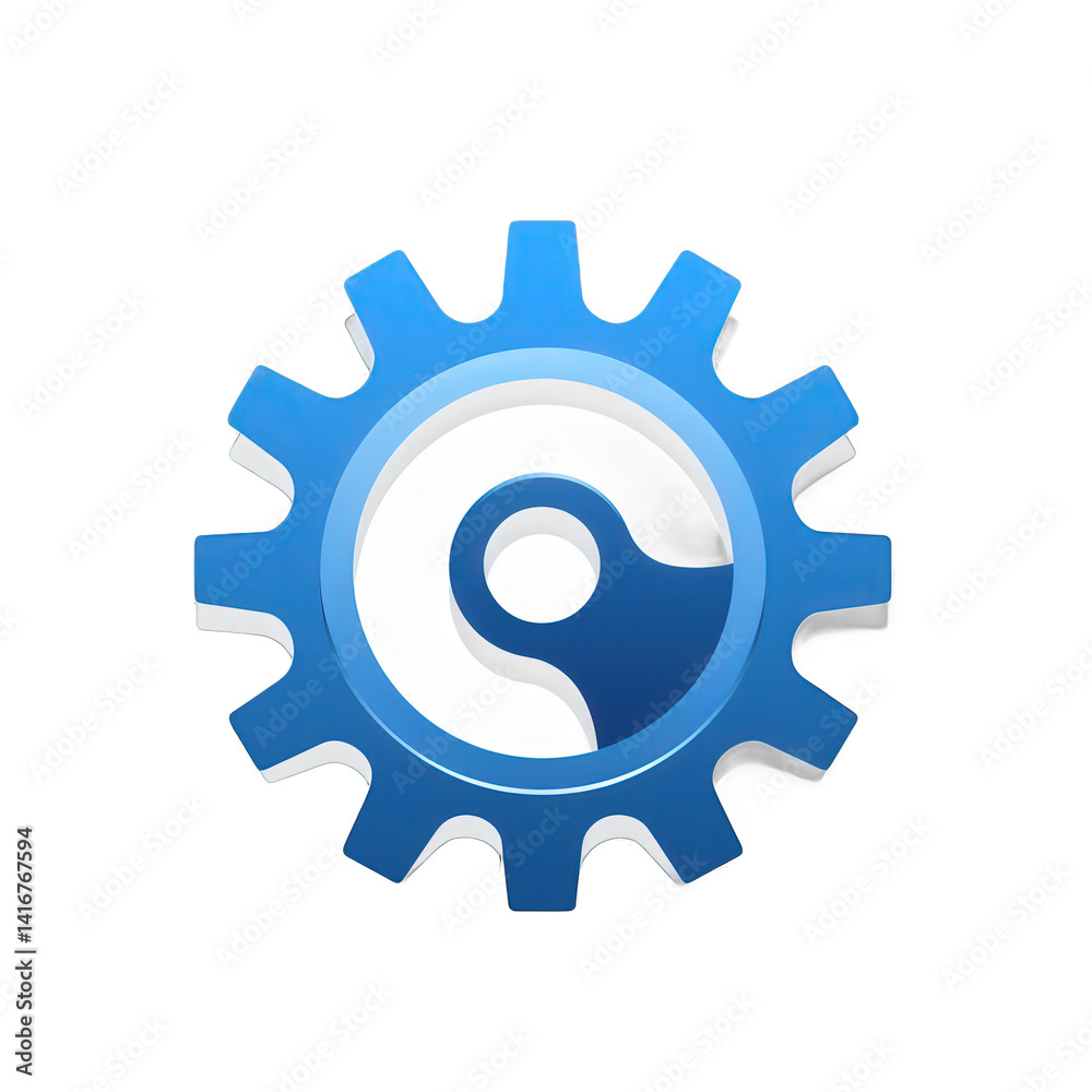 Obraz premium A blue and white gear icon representing technology and innovation, symbolizing mechanics and engineering in a digital context , isolated on white or transparent png