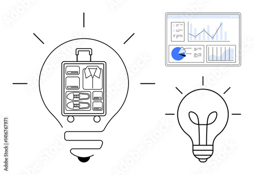 Light bulb with organized suitcase interior, data chart screen, small lit bulb. Ideal for creativity, travel planning, organization, innovation, analytics, technology simple landing page