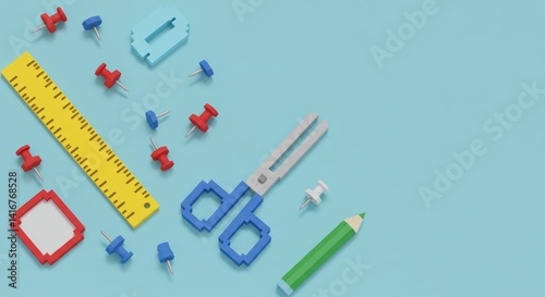 Office Stationery Flat Lay in Retro 8 Bit Style Illustration