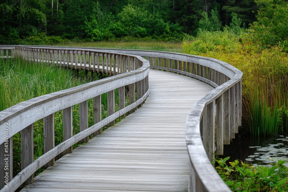 Obraz premium Serene Curved Boardwalk Through Lush Green Wetland Landscape