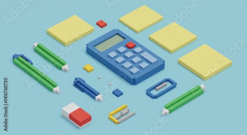 Playful Office Supplies Flat Lay in Retro 8Bit Style Illustration