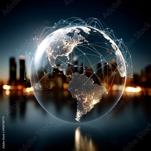 Global Network Globe with City Lights Bokeh: A vision of interconnectedness and technological advancement