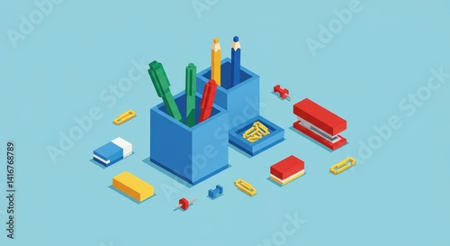 Office Desk Organizer Flat Lay in Retro 8Bit Style Illustration