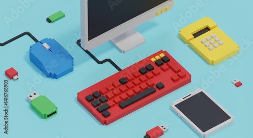 Office Tech Flat Layi n Retro 8Bit Style Illustration