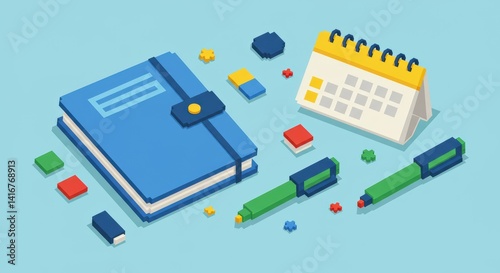 Office Planner Flat Lay in Retro 8Bit Style Illustration