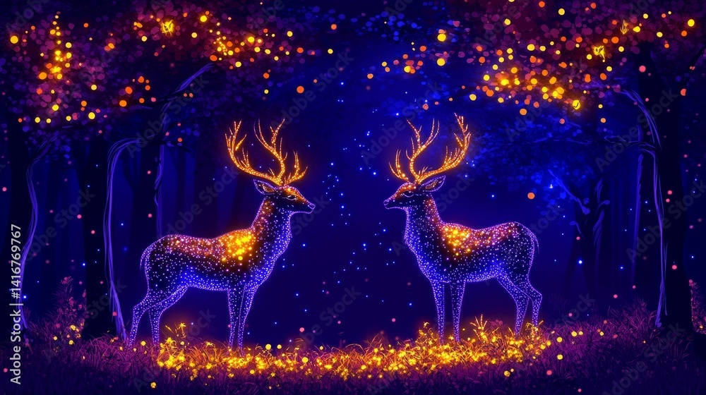 Enchanted luminescent reindeers amidst nocturnal twilight a captivating winter holiday tableau evoking fairy tales and joyous celebrations shimmering forest Enchanted luminescent reindeers amidst nocturnal twilight a captivating winter holiday tableau evoking fairy tales and joyous celebrations shimmering forest