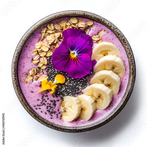 Berry Smoothie Bowl with Toppings: A vibrant and healthy berry smoothie bowl garnished with banana slices, chia seeds, oats, and edible flowers. Top view.