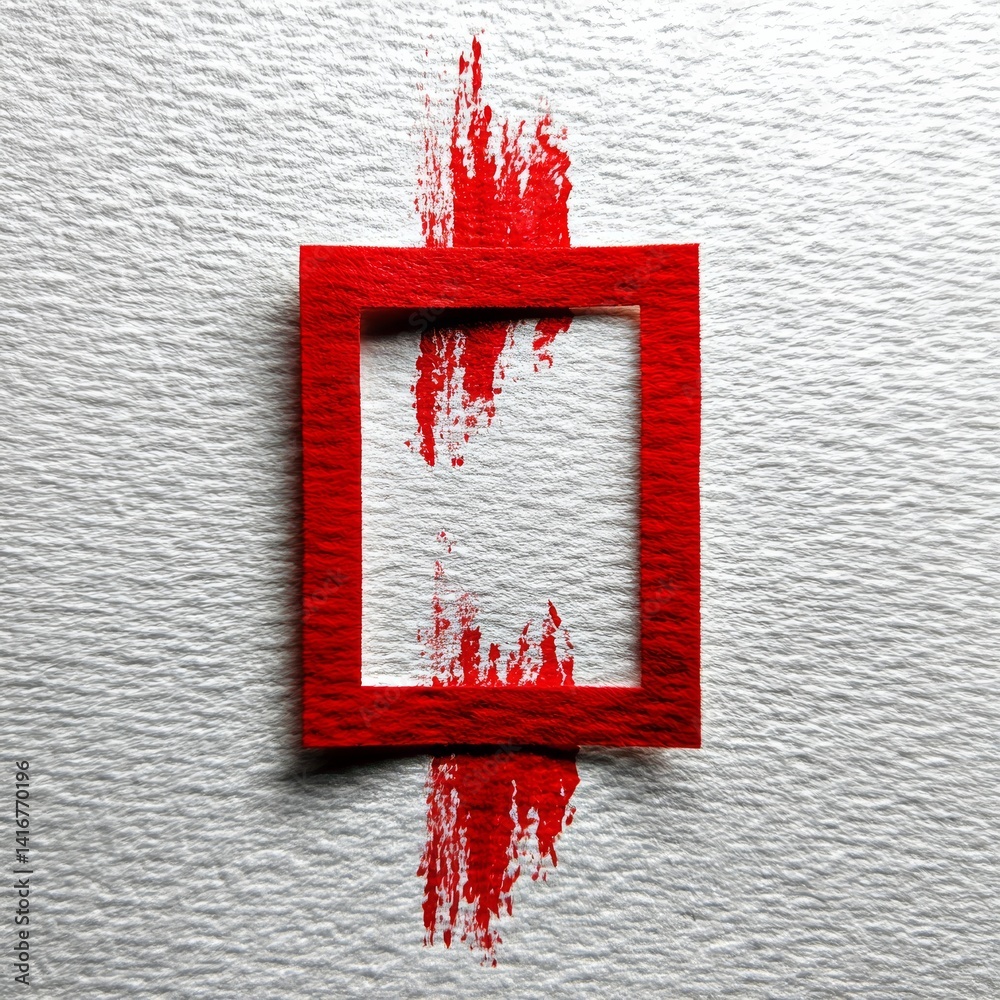 Red Frame and Painted Streak on Textured White Background: Modern Abstract Art Piece