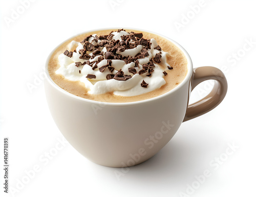 Exquisite Coffee Delight: A steaming cup of gourmet coffee, adorned with a cloud of whipped cream and chocolate shavings, beckons with an inviting warmth and rich aroma.