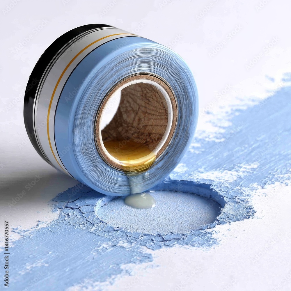 Roll of blue tape leaving a trail of adhesive residue on a white surface, creating a circular void