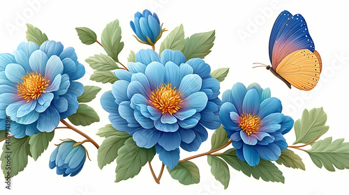 Realistic Floral Seamless Pattern with Blue Flowers and Butterfly