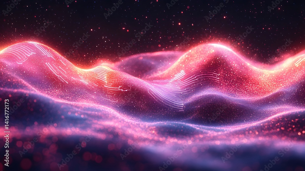 Fototapeta premium Abstract digital landscape of glowing, undulating waves.