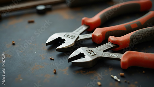 Artful Arrangement of Pliers and Wrench in Industrial Workspace - Precision Craftsmanship for Dynamic Construction - Photo Stock Concept with Empty Space photo