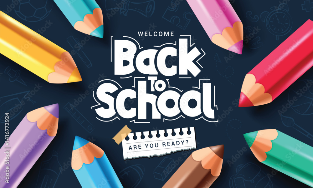 Back to school greeting clipart background design. School text clip art with colorful color pencil educational drawing elements in blue doodle background banner template vector illustration.